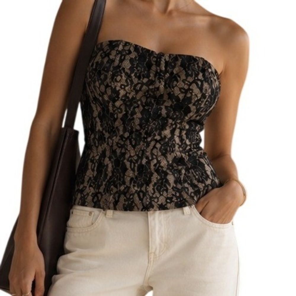 XXI Forever Black Floral Lace Whimsigoth Strapless Corset Top Tan Lining Style L